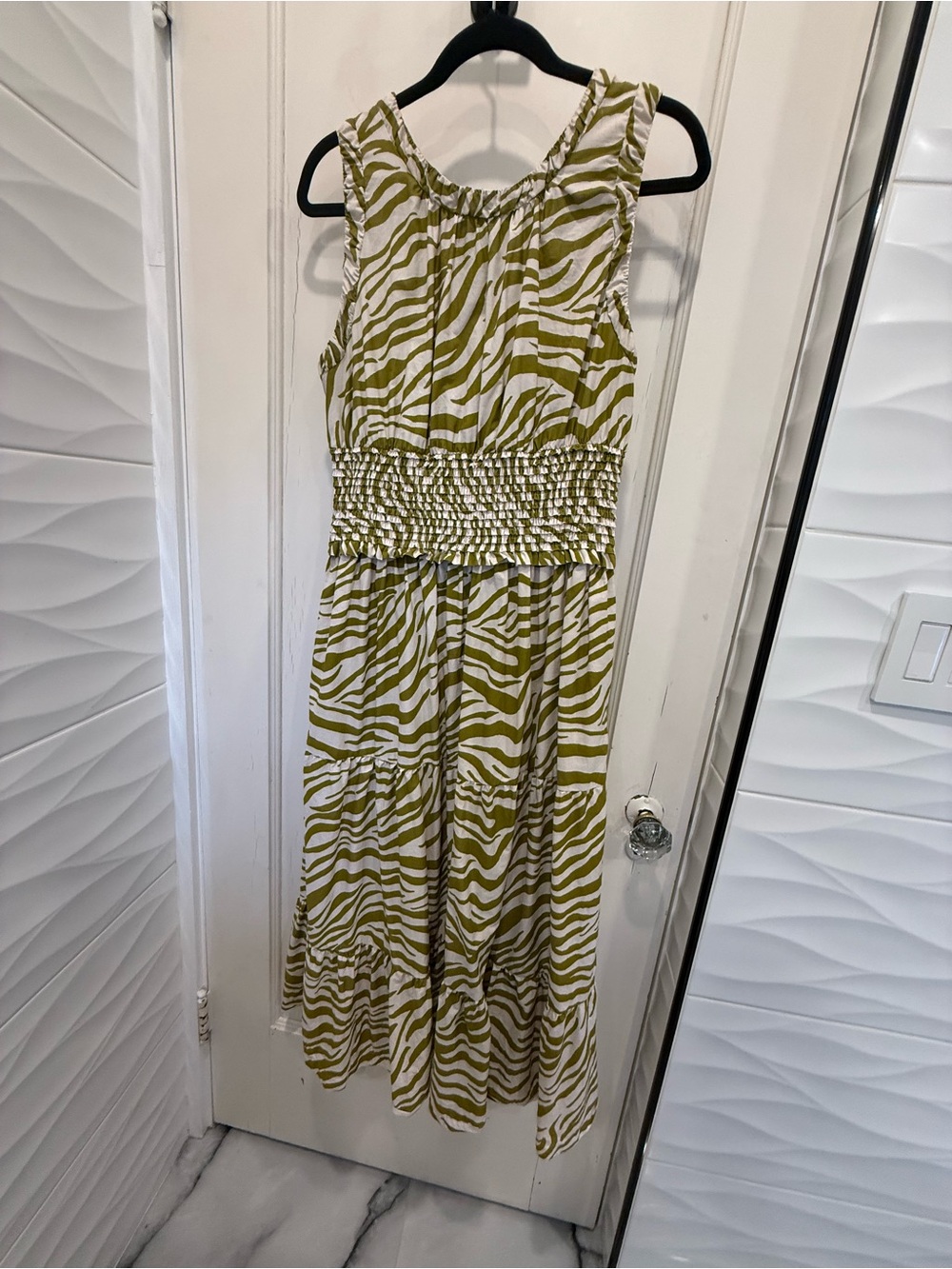 Anthropologie Olive and Cream Zebra-Print Maxi Dress